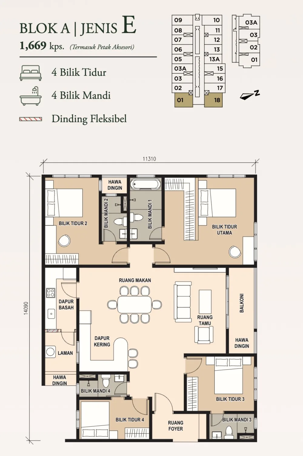 Pinnacle Bukit Gambier, Gelugor: Type E floor plan, 4 bed 4 bath, 1,669 sq ft