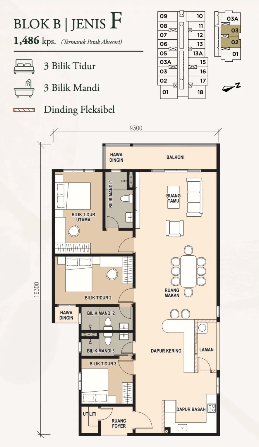 Pinnacle Bukit Gambier, Gelugor: Type F floor plan, 3 bed 3 bath, 1,486 sq ft