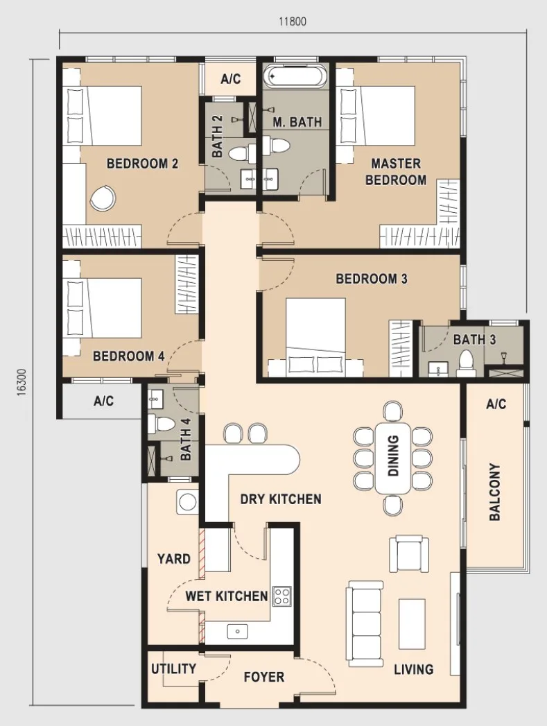 Pinnacle Bukit Gambier, Gelugor: Type G floor plan, 4 bed 4 bath, 1,734 sq ft