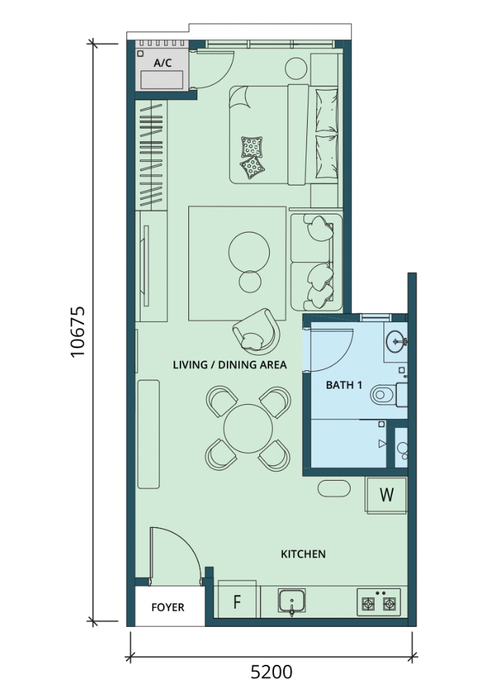 Ponderosa Regency A 户型平面图，Studio 1 卫，532 平方尺