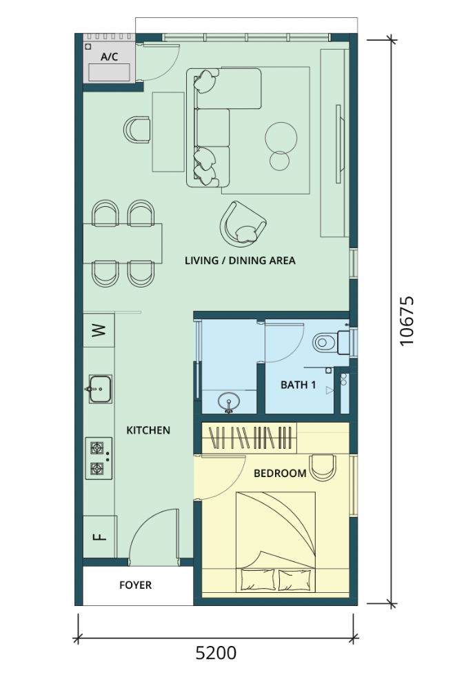 Ponderosa Regency A1 户型平面图，1 房 1 卫，598 平方尺