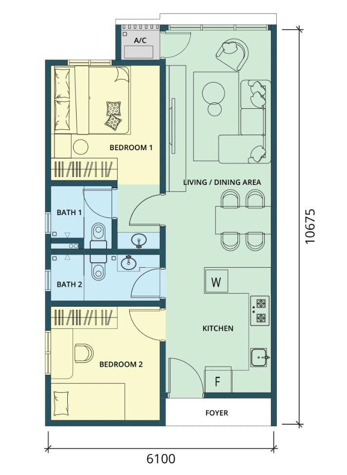 Ponderosa Regency B 户型平面图，2 房 2 卫，681 平方尺