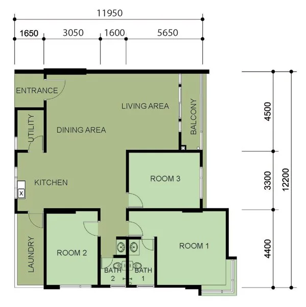 Primero Heights, Seberang Jaya: Type A floor plan, 3 bedrooms, about 1,460 sq ft