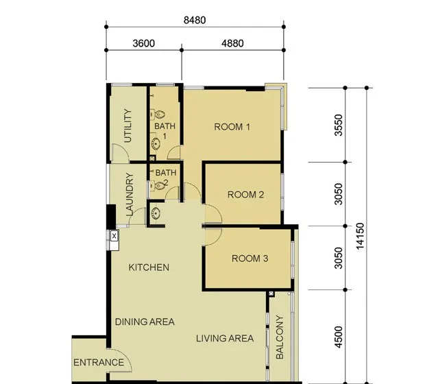 Primero Heights, Seberang Jaya: Type B corner floor plan, 3 bedrooms, about 1,380 sq ft