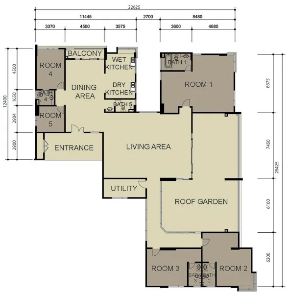 Primero Heights, Seberang Jaya: Type D floor plan with roof garden, 5 bedrooms, about 4,770 sq ft