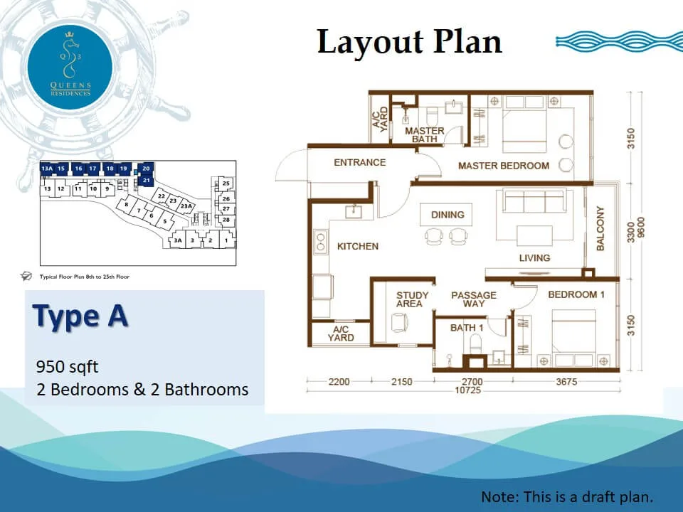 Queens Residences Q3, Queens Waterfront, Bayan Lepas: Type A floor plan, 2 bed + study 2 bath, dual-key, 950 sq ft