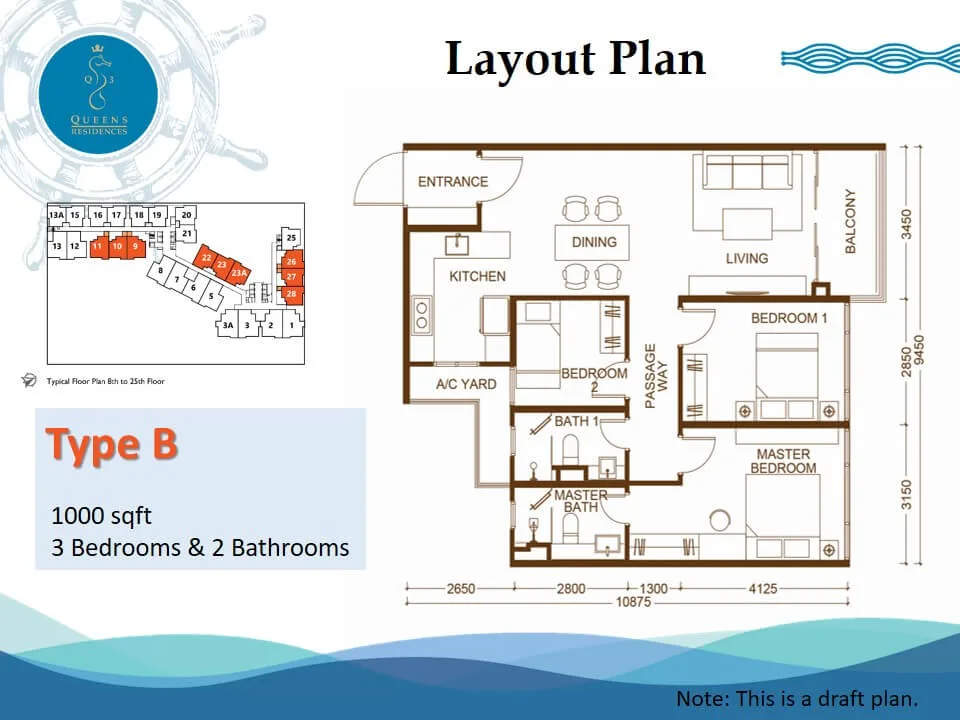 Queens Residences Q3, Queens Waterfront, Bayan Lepas: Type B floor plan, 3 bed 2 bath, 1,000 sq ft
