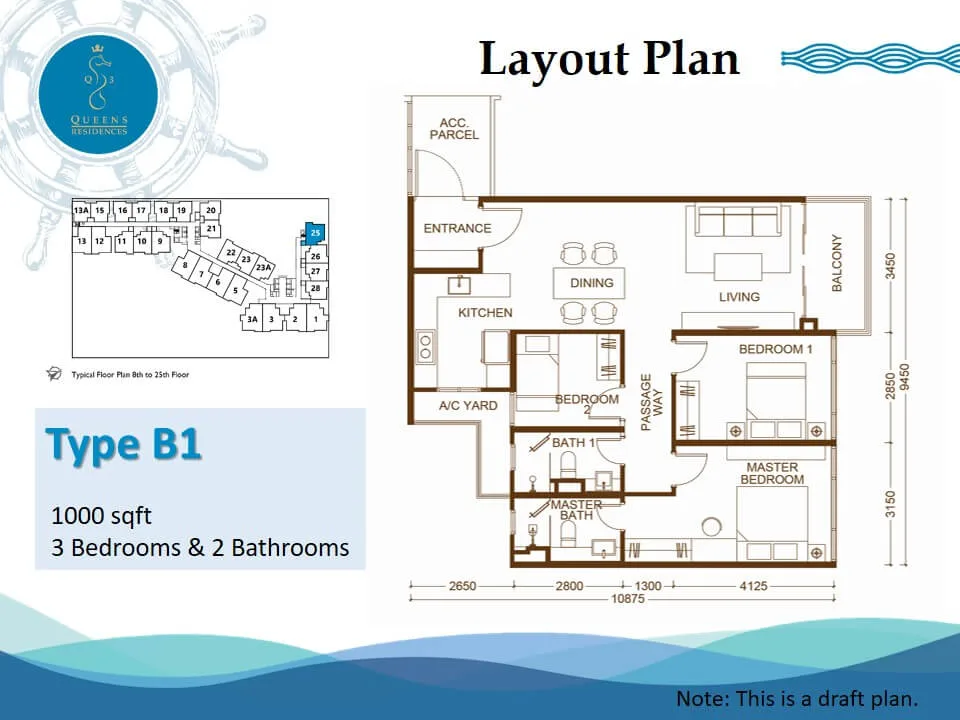 Queens Residences Q3, Queens Waterfront, Bayan Lepas: Type B1 floor plan, 3 bed 2 bath, 1,000 sq ft
