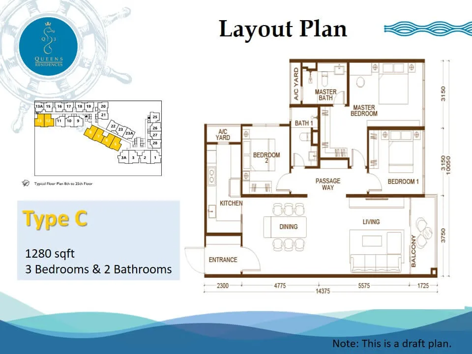 Queens Residences Q3, Queens Waterfront, Bayan Lepas: Type C floor plan, 3 bed 2 bath, 1,280 sq ft