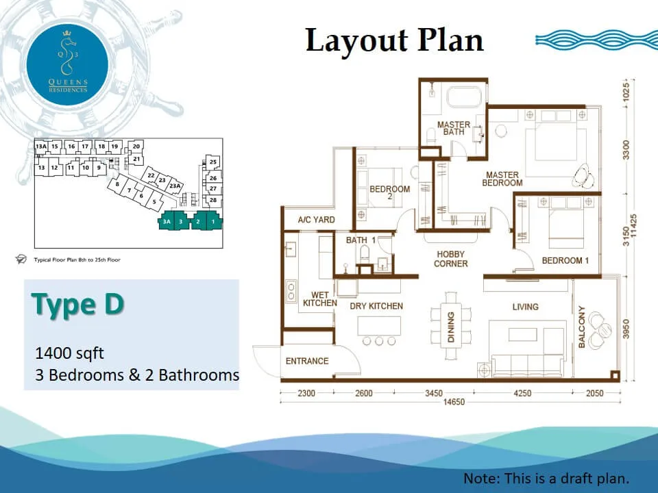 Queens Residences Q3, Queens Waterfront, Bayan Lepas: Type D floor plan, 3 bed 2 bath, wet and dry kitchen, 1,400 sq ft