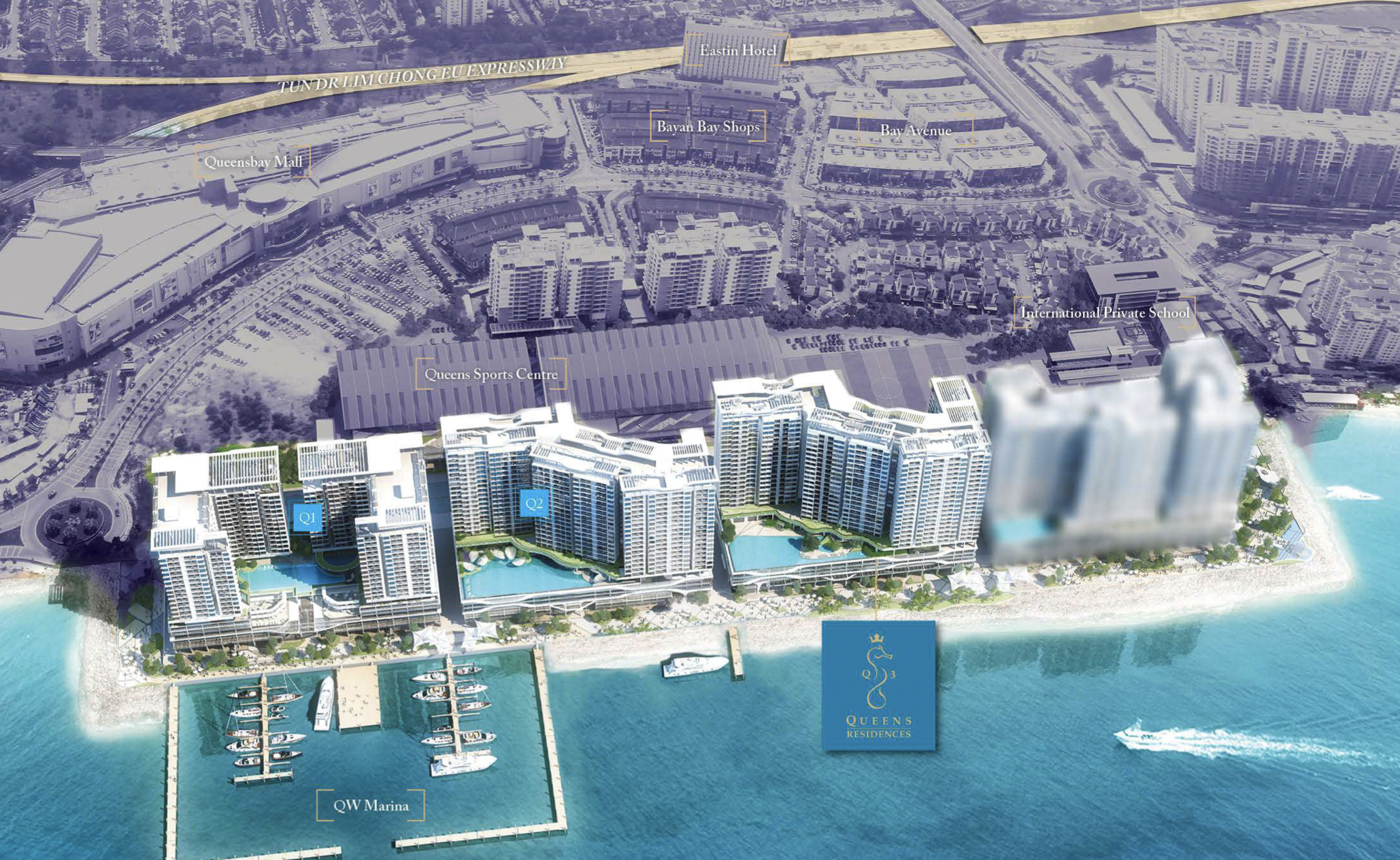 Queens Residences Q3, Queens Waterfront, Bayan Lepas: aerial view of the waterfront master plan (artist's impression)