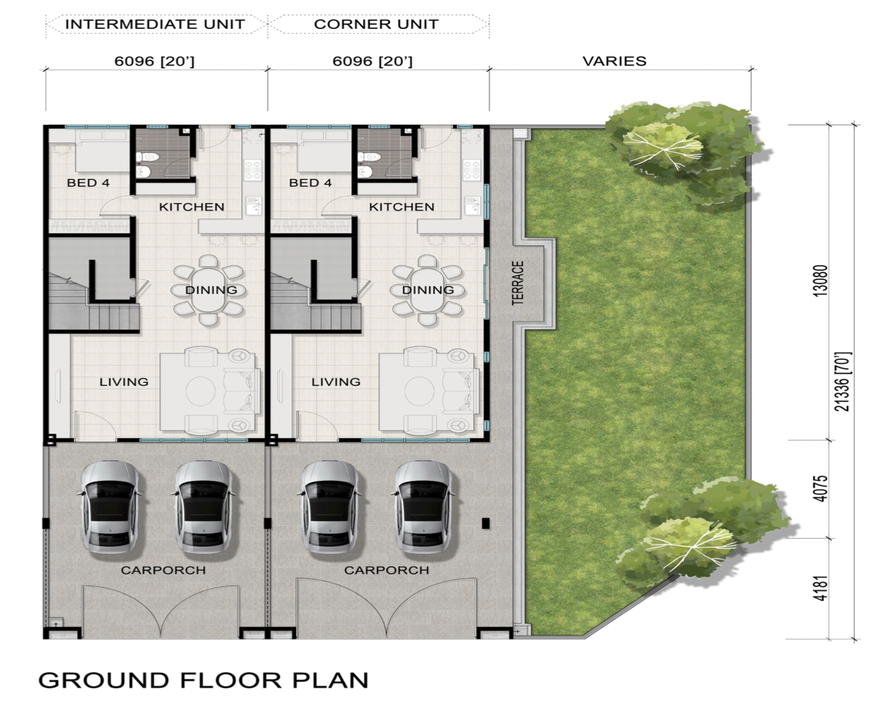 Redhill Seri Alam 双层排屋底层平面图,4 房 4 卫