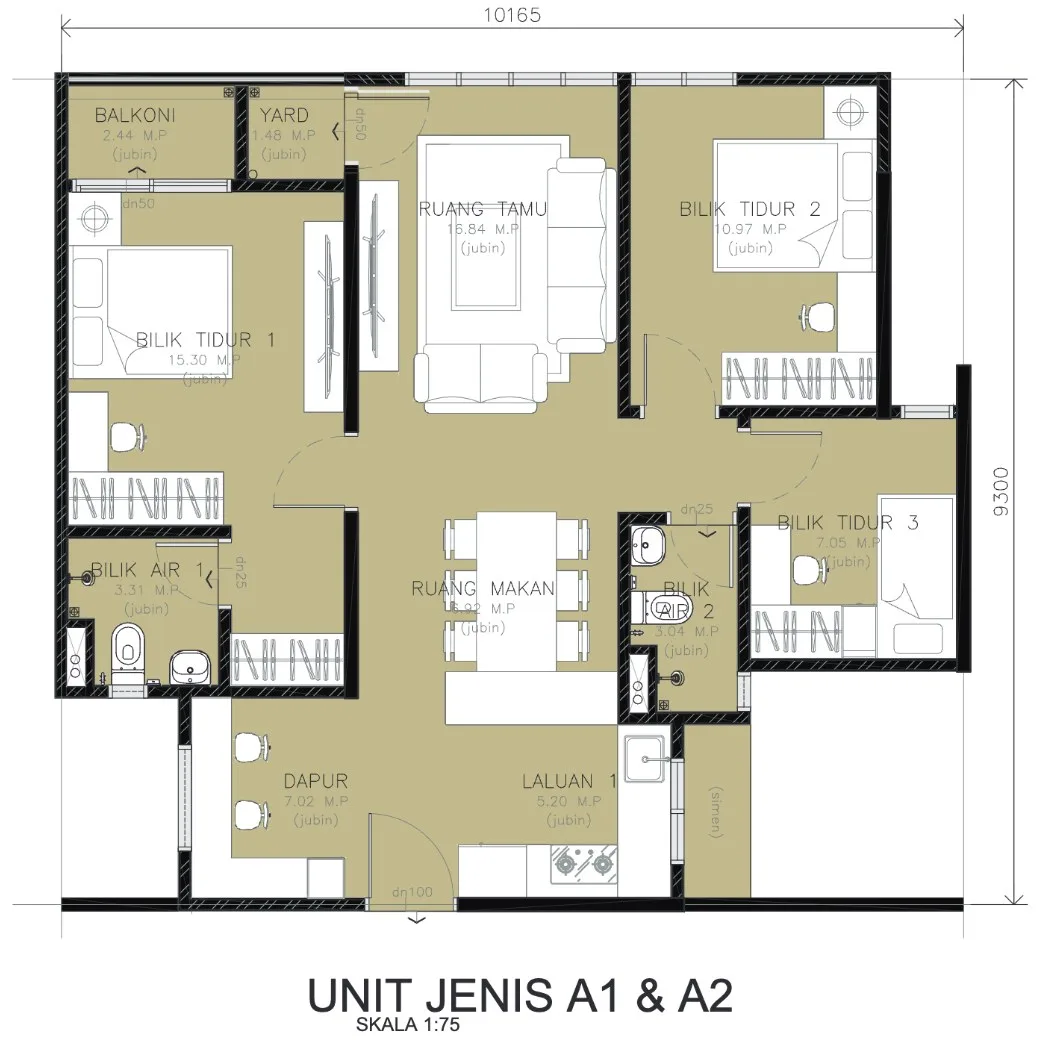 Residensi Rambai Indah, Bukit Mertajam: Types A1 and A2 floor plan, 856 sq ft