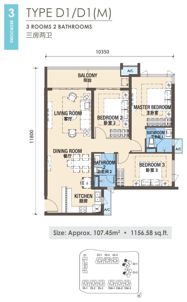 R&F Princess Cove Phase 3 (New Casa Suites) floor plan, Type D1 / D1(M)