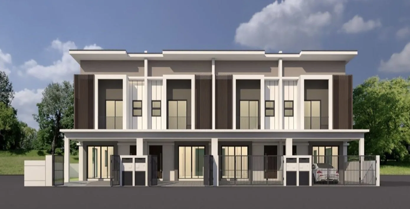 SA Terraces, Simpang Ampat: front view of the two-storey terrace houses, artist's impression