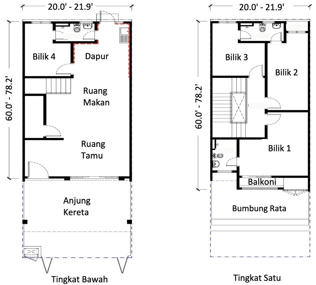 SA Terraces, Simpang Ampat: ground and first floor plan of the terrace house