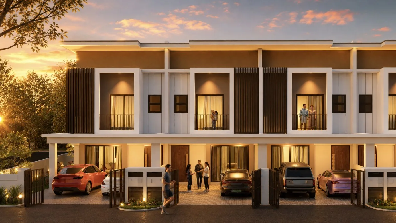 SA Terraces, Simpang Ampat: street view at dusk