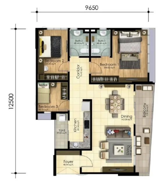 Scots Pavilion, George Town: 3-bedroom floor plan, 1,229 sq ft