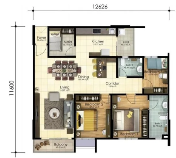 Scots Pavilion, George Town: 3-bedroom floor plan with maid's room, 1,313 sq ft