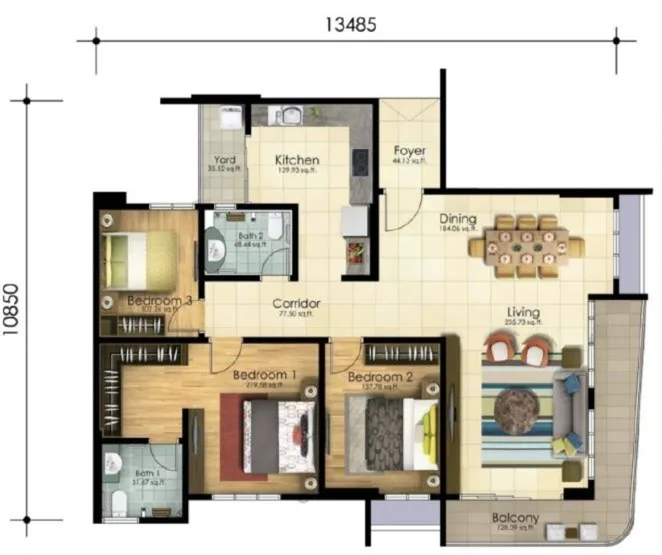 Scots Pavilion, George Town: 3-bedroom floor plan with wrap-around balcony, 1,400 sq ft