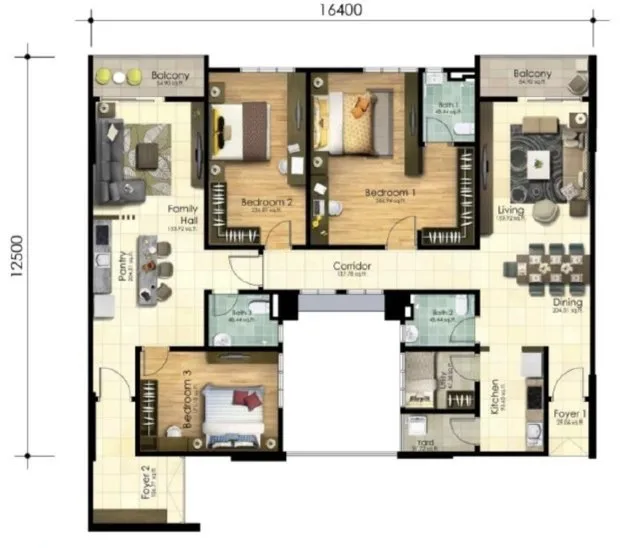 Scots Pavilion, George Town: 3-bedroom floor plan with family hall, 2,098 sq ft