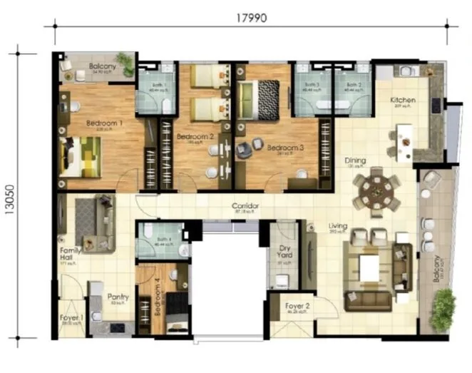 Scots Pavilion, George Town: 4-bedroom floor plan with family hall, 2,227 sq ft