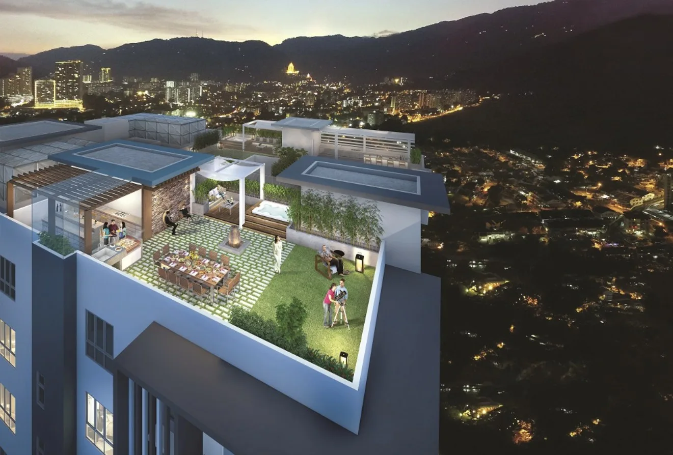 Scots Pavilion, George Town: penthouse roof garden at dusk, artist's impression