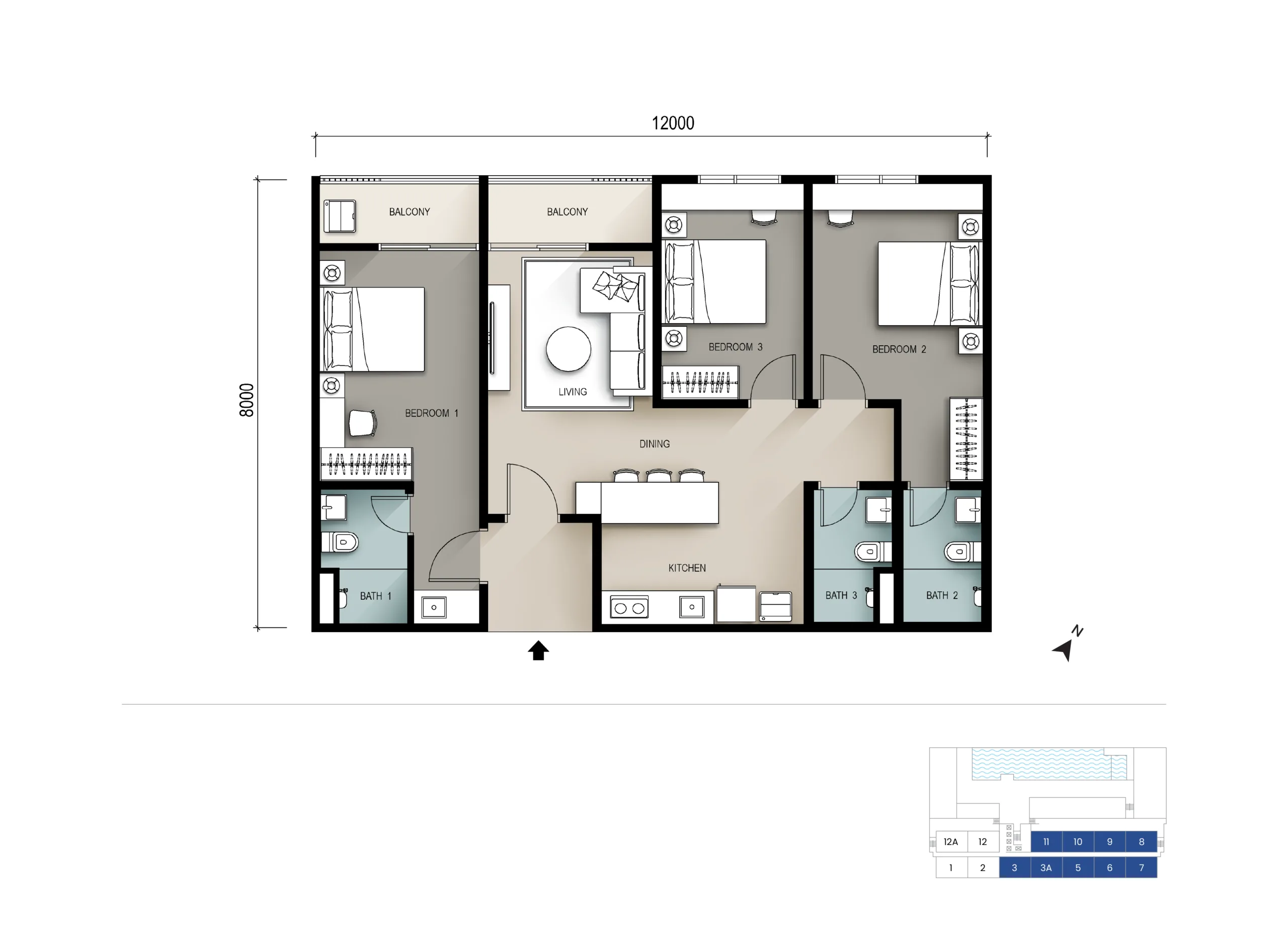 Seiras Residences, Batu Kawan: Type A dual-key floor plan, 3 bedrooms, 1,033 sq ft