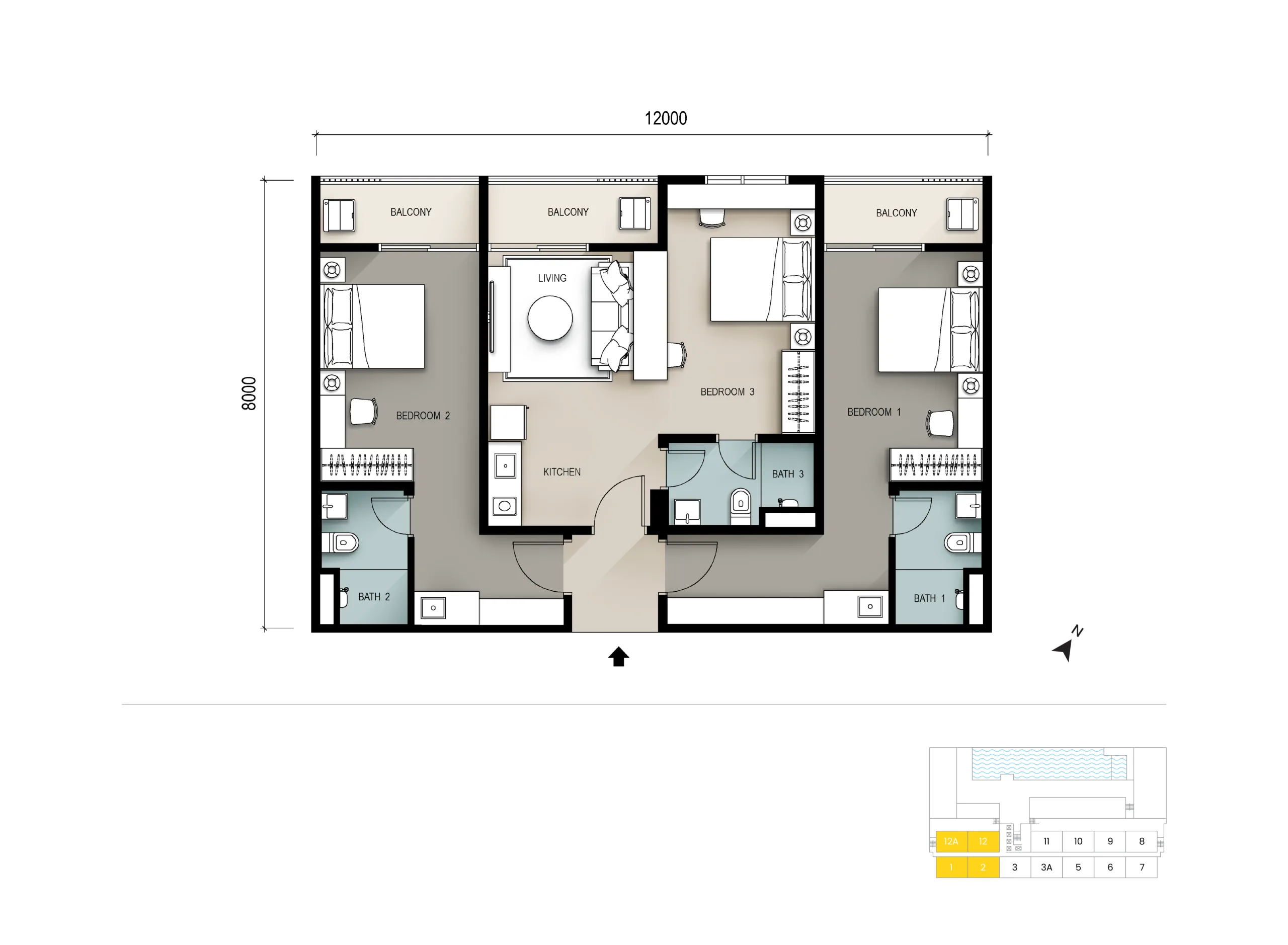 Seiras Residences, Batu Kawan: Type B triple-key floor plan, 3 bedrooms, 1,033 sq ft