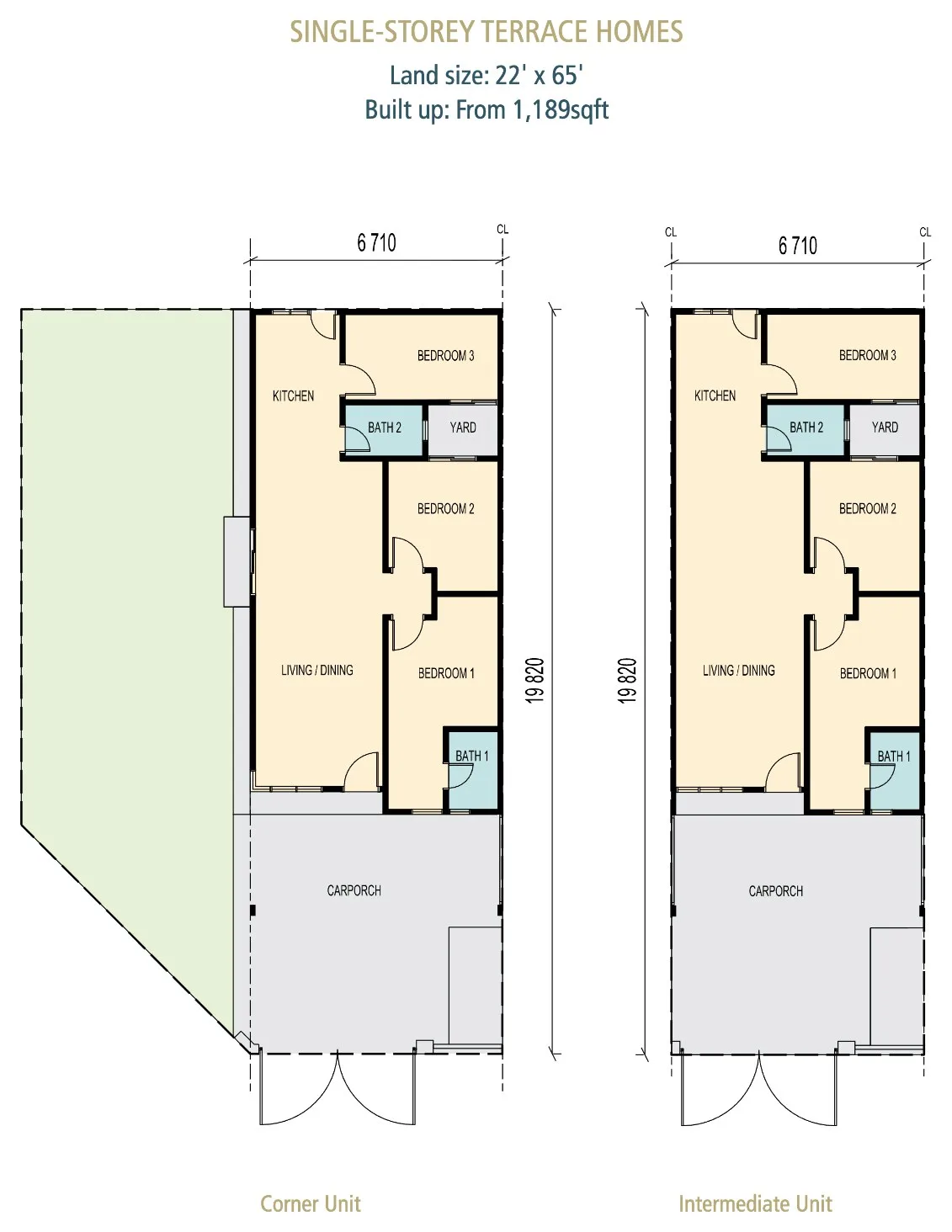 Setia Fontaines, Bertam: Setia Suria single-storey terrace floor plan, 3 bed 2 bath, from 1,189 sq ft
