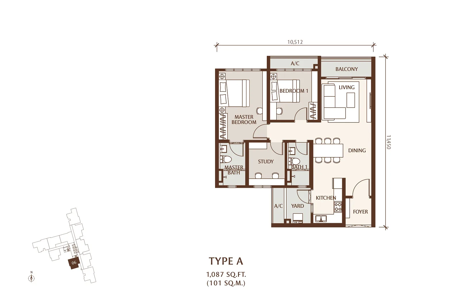 Setia SV2, Jelutong: Type A floor plan, 2+1 bed 2 bath, 1,087 sq ft