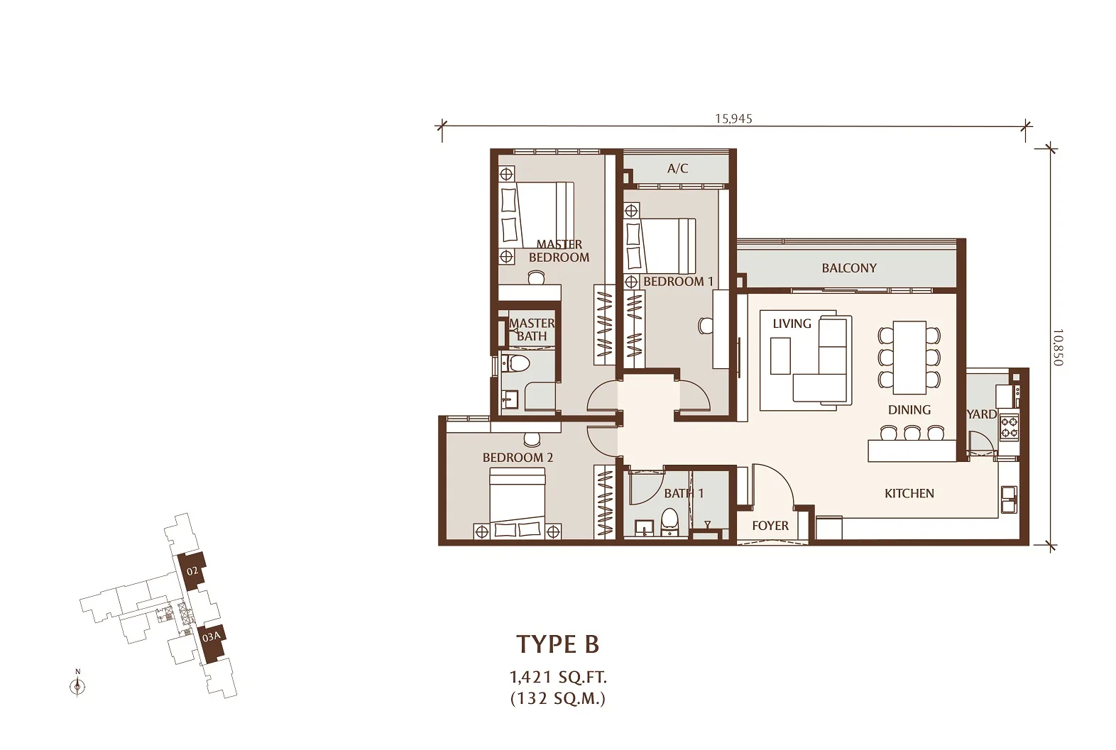 Setia SV2, Jelutong: Type B floor plan, 3 bed 2 bath, 1,421 sq ft