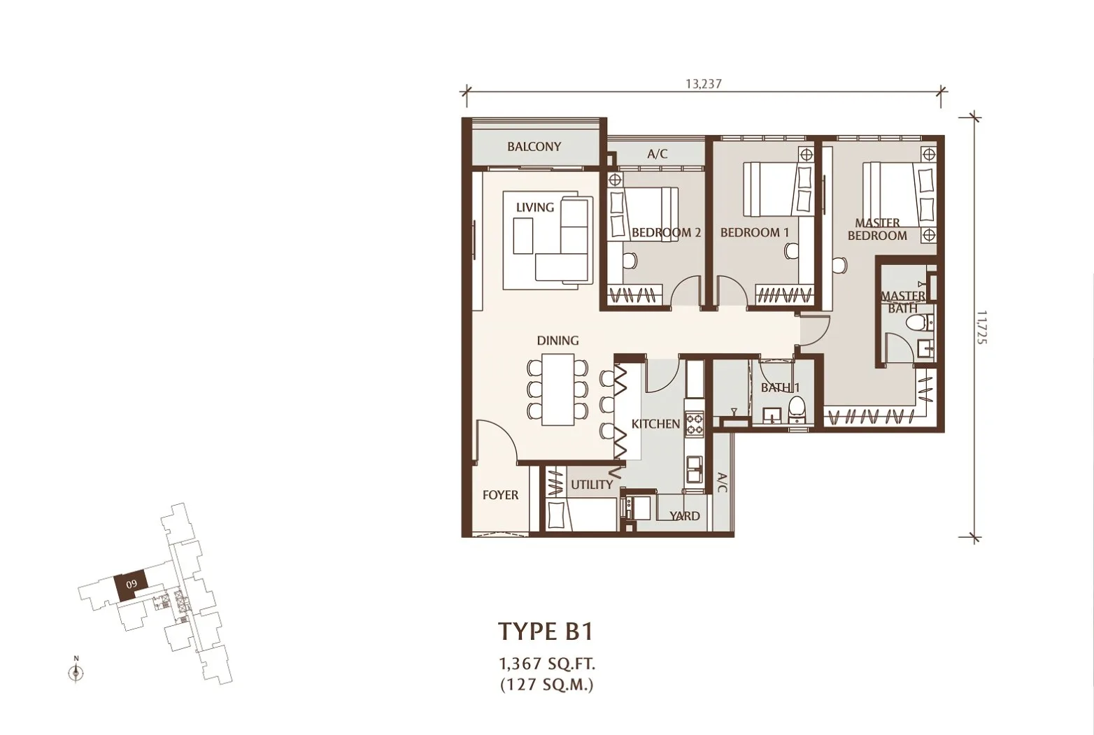 Setia SV2, Jelutong: Type B1 floor plan, 3+1 bed 2 bath, 1,367 sq ft