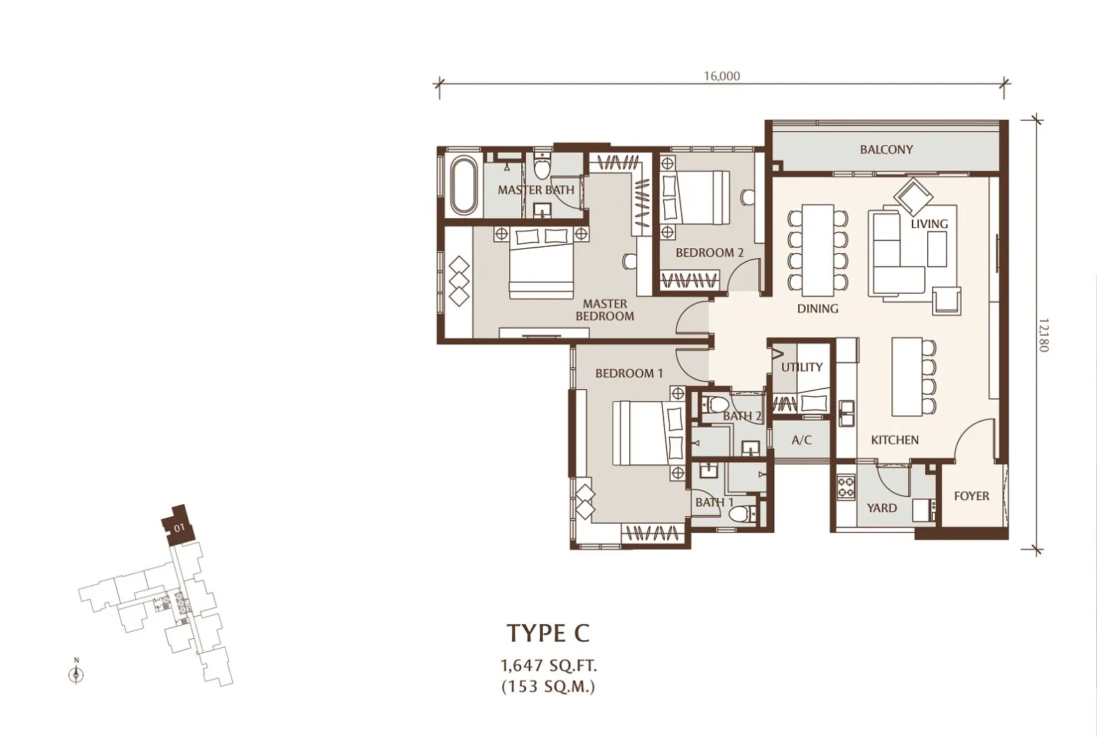 Setia SV2, Jelutong: Type C floor plan, 3+1 bed 3 bath (2 per register), 1,647 sq ft