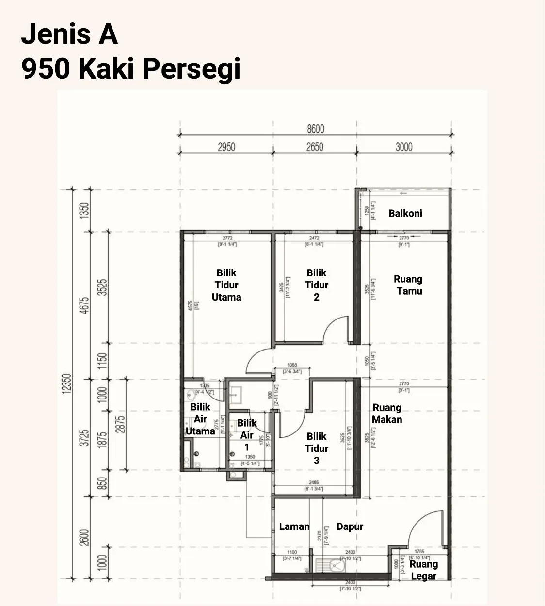Sevora, Bukit Mertajam: Type A floor plan, 950 sq ft