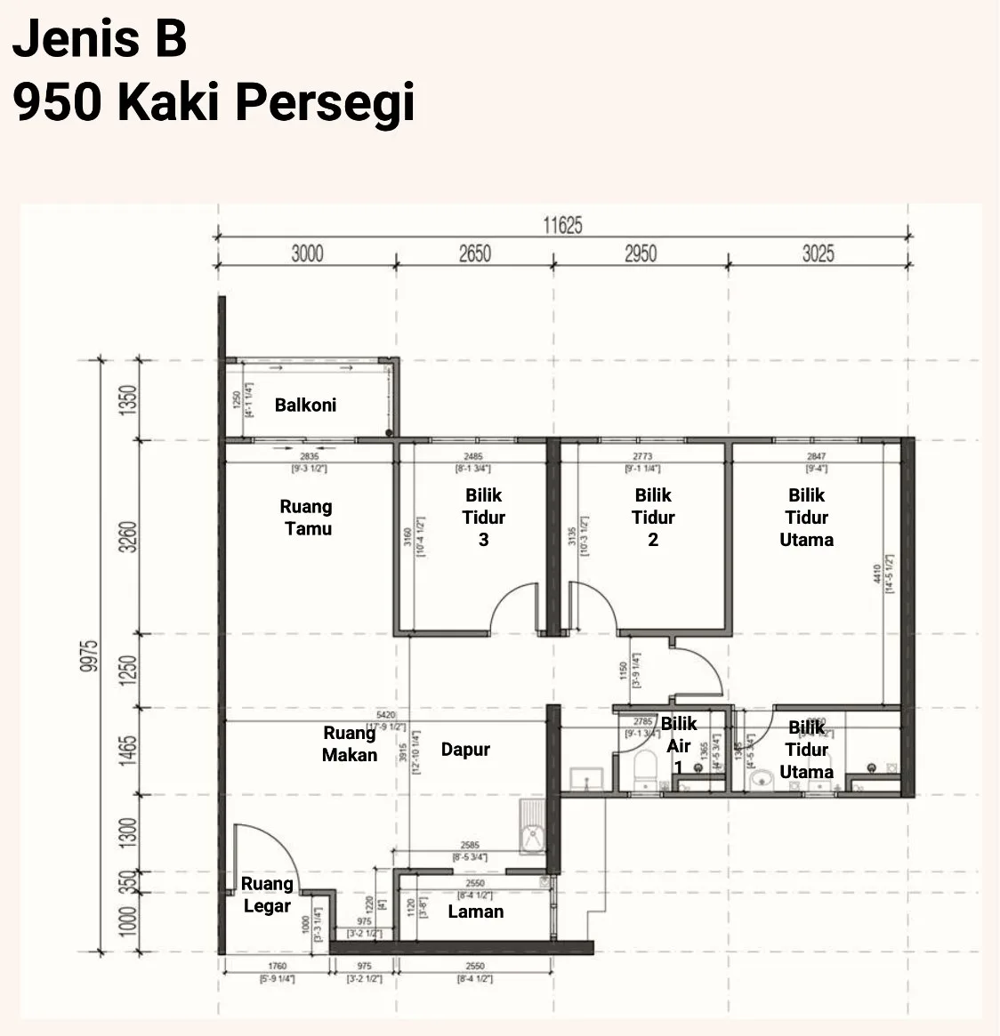 Sevora, Bukit Mertajam: Type B floor plan, 950 sq ft