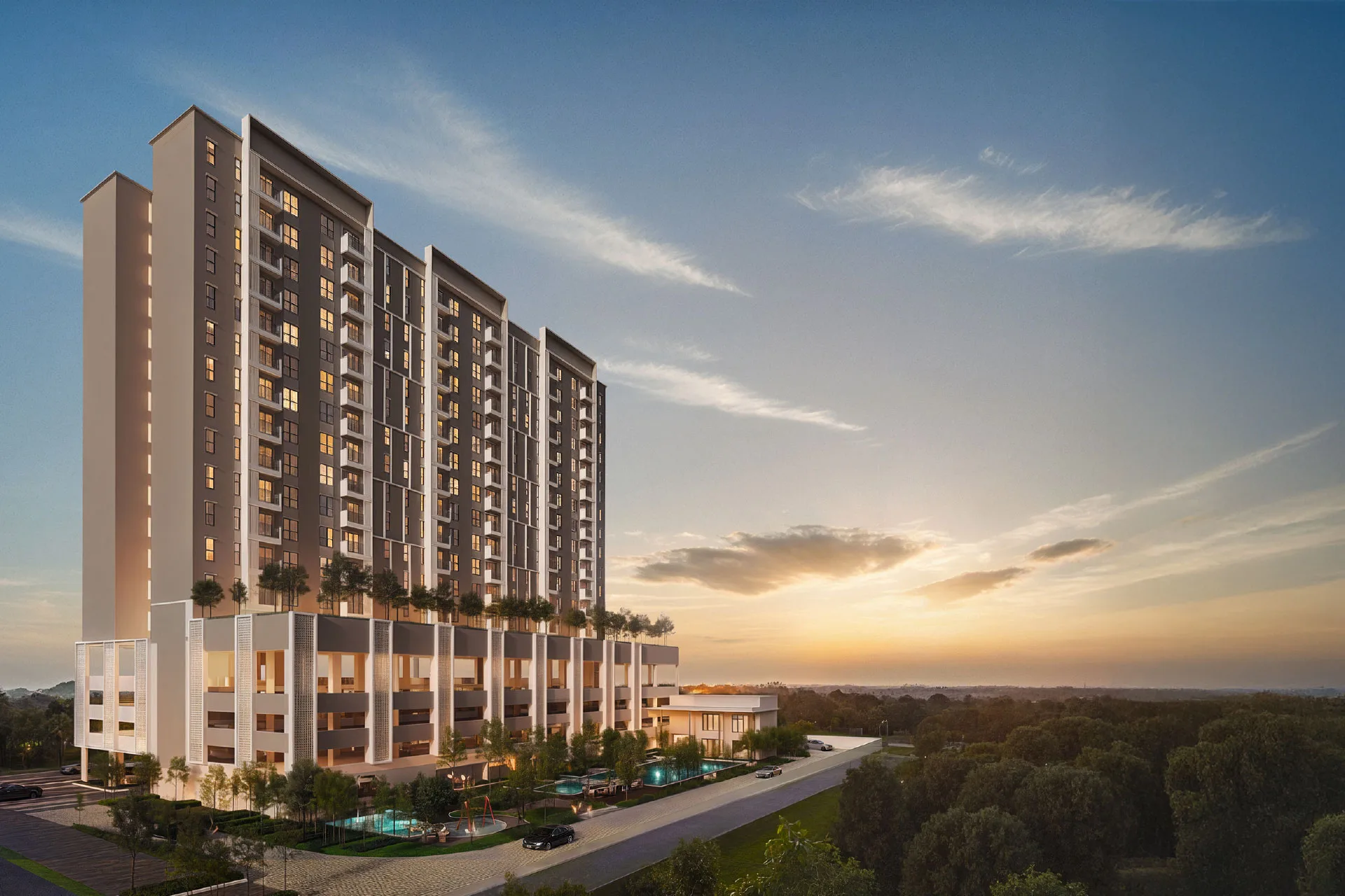 SilkSpring Residence, Butterworth: artist's impression of the 18-storey block at dusk