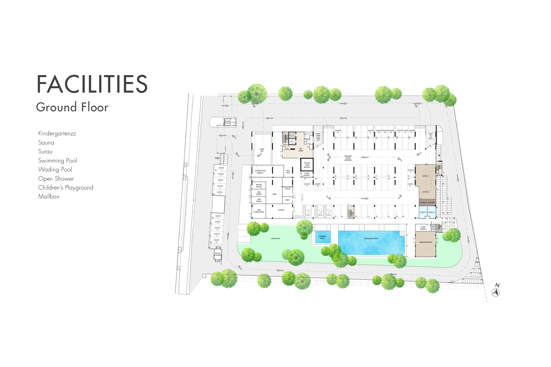 SilkSpring Residence, Butterworth: ground-floor facilities plan with pool and wading pool