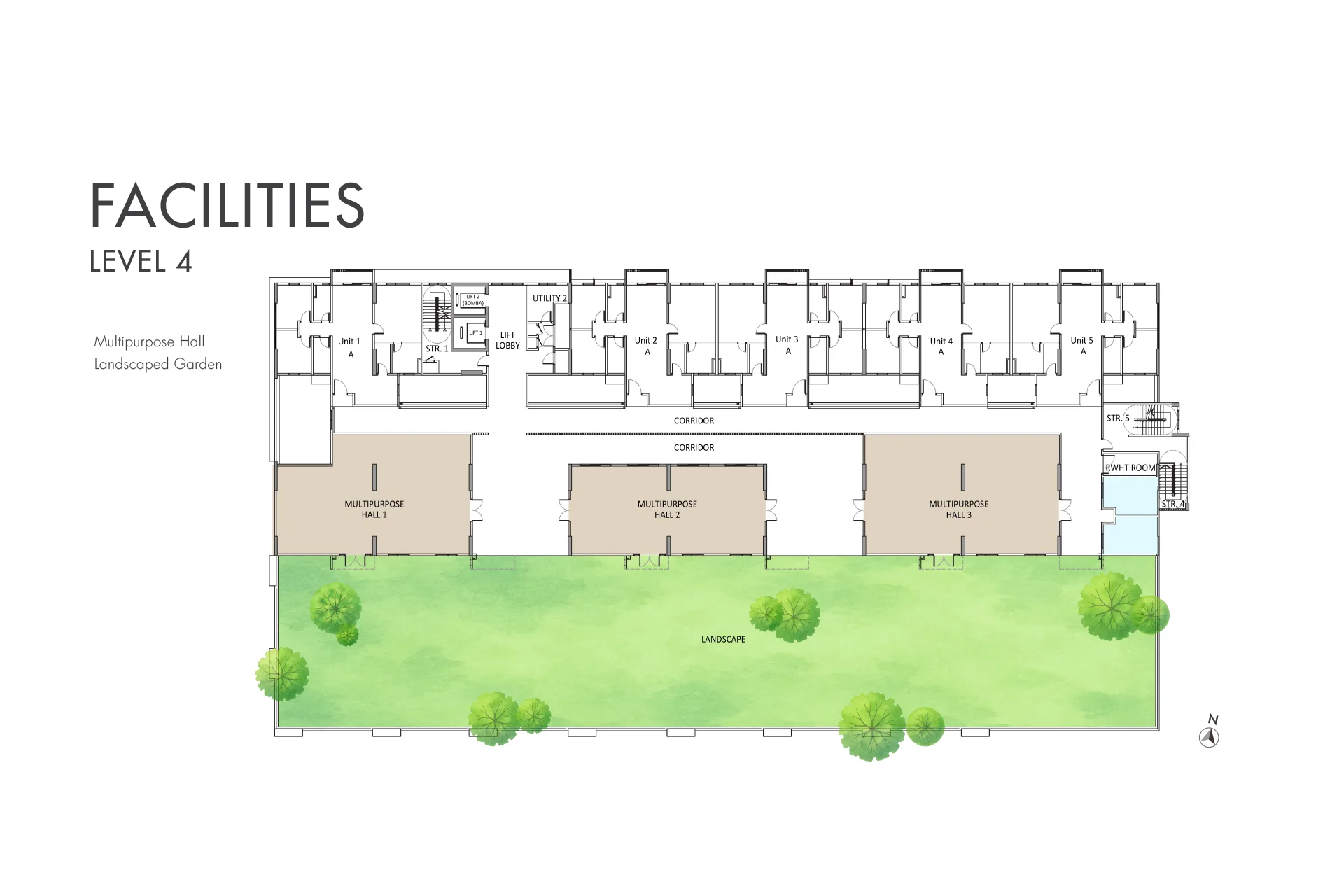 SilkSpring Residence, Butterworth: Level 4 facilities plan with halls and landscaped garden