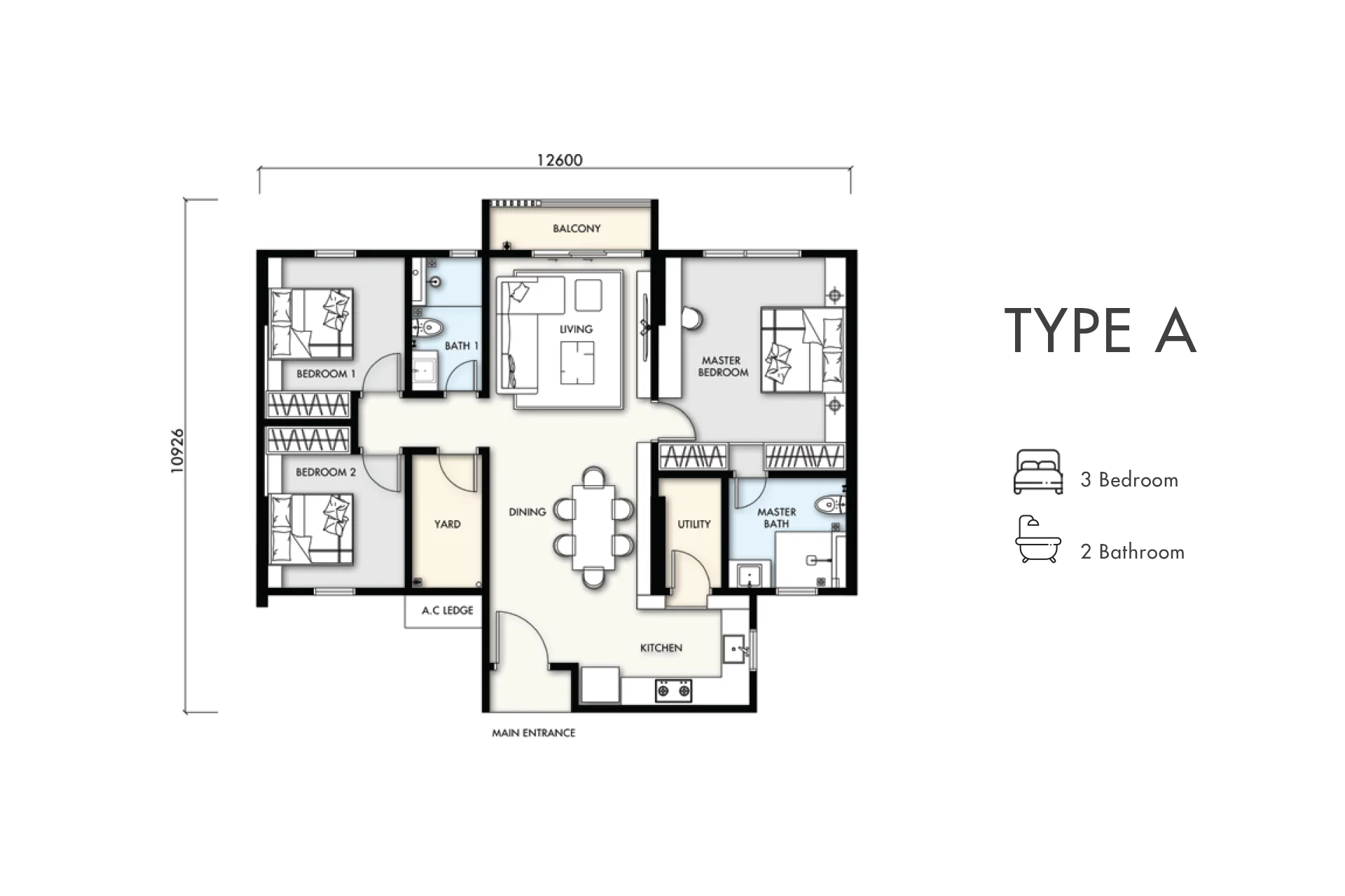 SilkSpring Residence, Butterworth: Type A floor plan, 3 bedrooms, about 1,172 sq ft