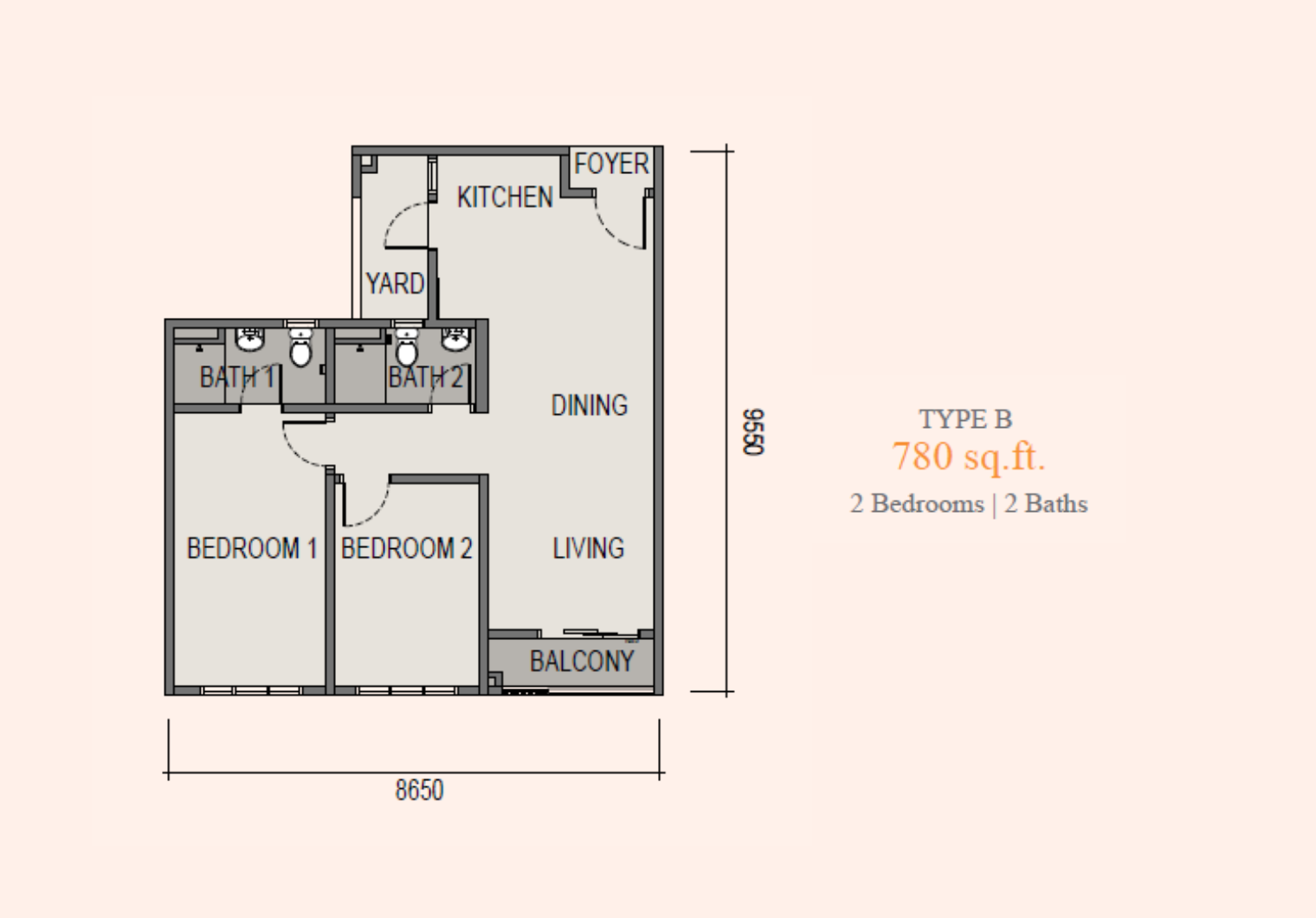 Sky Curve Type B floor plan, 780 sq ft