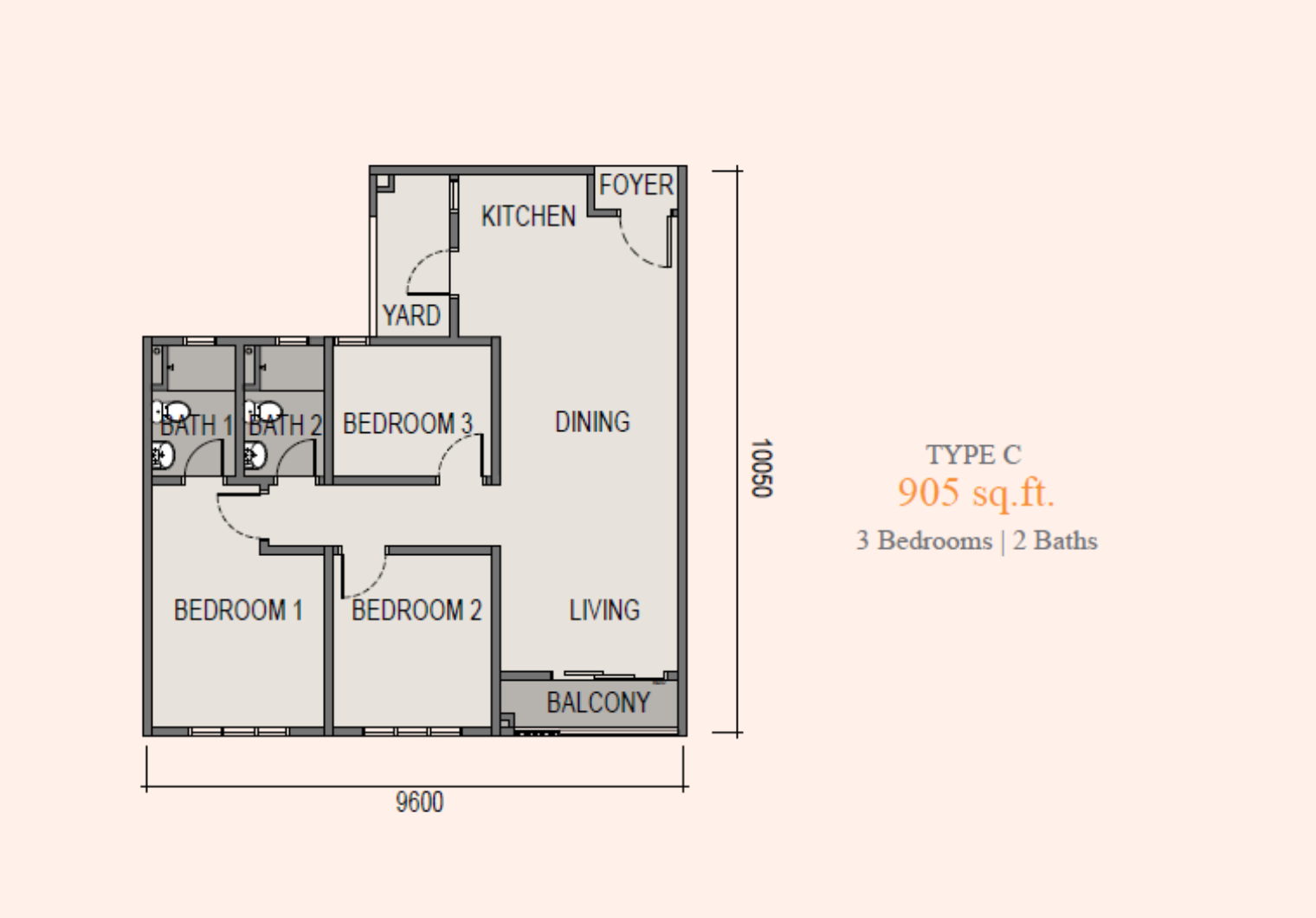 Sky Curve Type C floor plan, 905 sq ft
