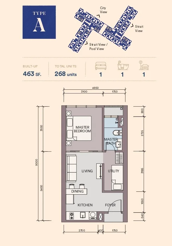 Skypark Kepler Type A floor plan, 463 sq ft