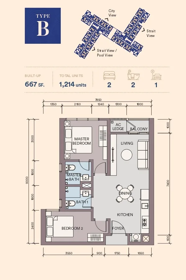 Skypark Kepler Type B floor plan, 667 sq ft