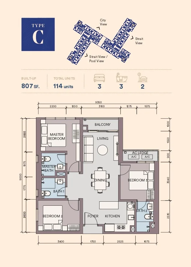 Skypark Kepler Type C floor plan, 807 sq ft