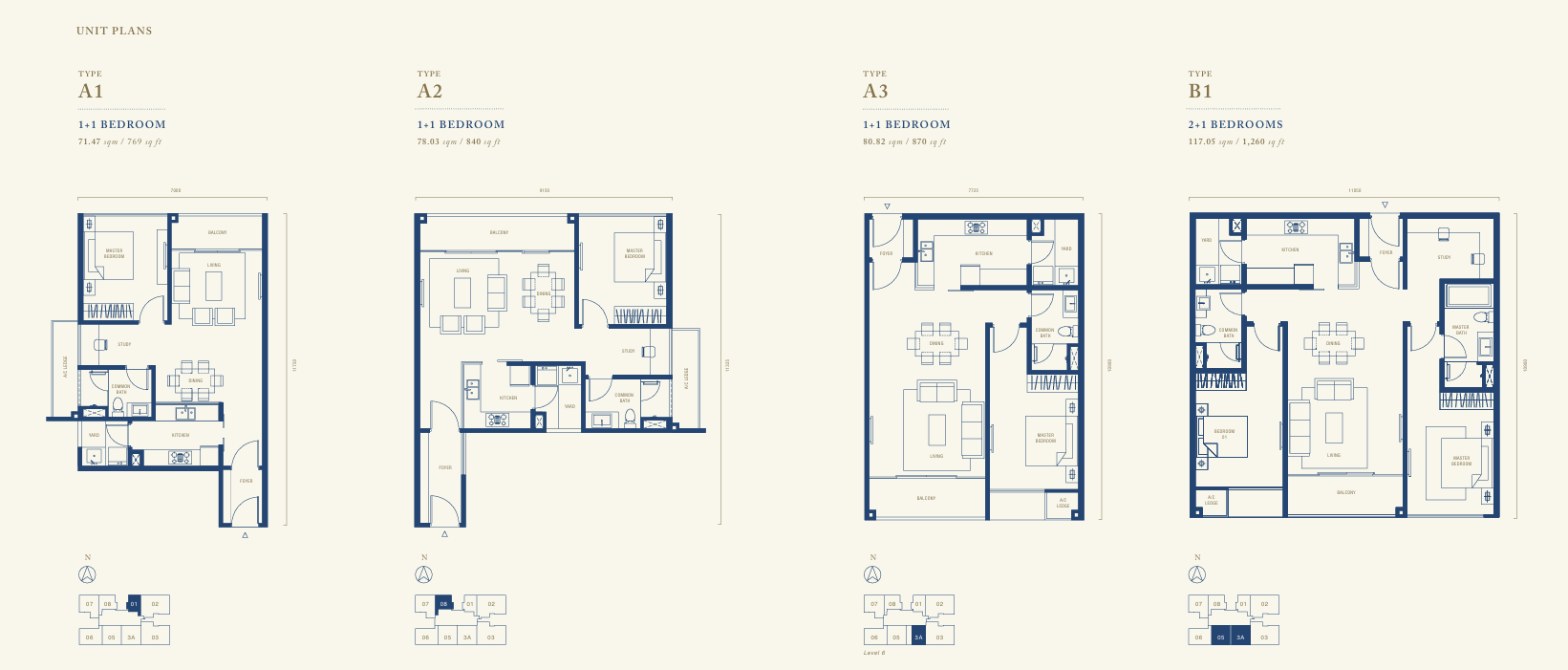 Southern Marina Residences floor plans, Types A1, A2, A3 and B1