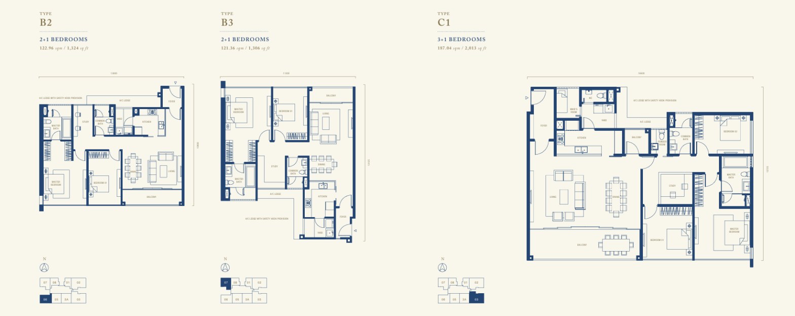 Southern Marina Residences floor plans, Types B2, B3 and C1