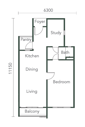 Southkey NADI Residences 平面图 A1 型，一房，649 平方尺