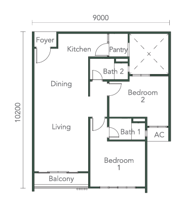 Southkey NADI Residences 平面图 B1 型，两房，854 平方尺