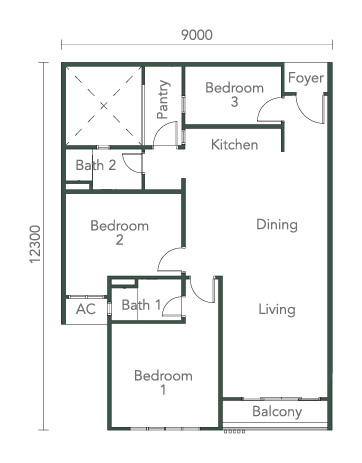 Southkey NADI Residences 平面图 C1 型，三房，1,050 平方尺